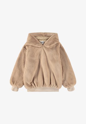 Beige blød hættetrøje med lange ærmer og ribstrikkede manchetter og kant, designet til varme og komfort.