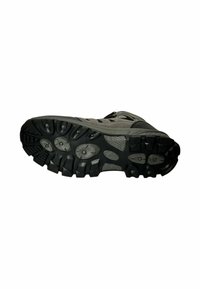 Suela de zapato de senderismo en gris, que presenta una banda de rodadura de goma texturizada con surcos profundos y lengüetas circulares para proporcionar tracción en diversas superficies.