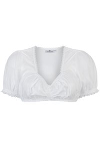 Weißes, kurzes Blusentop mit Puffärmeln, V-Ausschnitt, gerafftem Vorderteil und strukturiertem Stoff. Verziert mit einer Spitzenborte entlang des Ausschnitts und der Ärmelsäume.