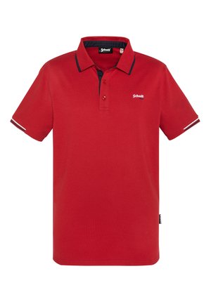 Czerwona koszulka polo z bawełny, z czarnym kołnierzykiem, dwoma guzikami oraz kontrastowymi paskami na rękawach. Logo Schott widoczne.