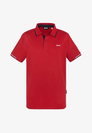 Czerwona koszulka polo z bawełny, z czarnym kołnierzykiem, dwoma guzikami oraz kontrastowymi paskami na rękawach. Logo Schott widoczne.