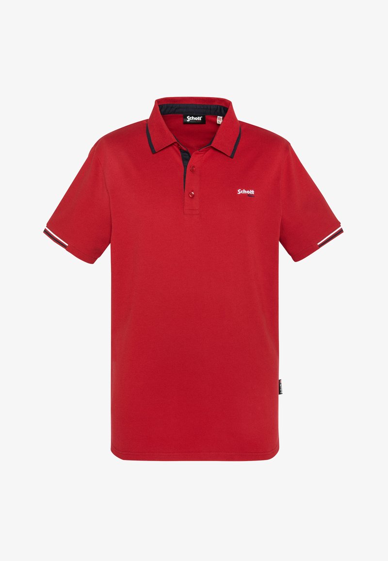 Polo rouge en coton, avec un col noir, une patte de boutonnage à deux boutons et des accents rayés contrastés sur les manches. Logo Schott affiché.