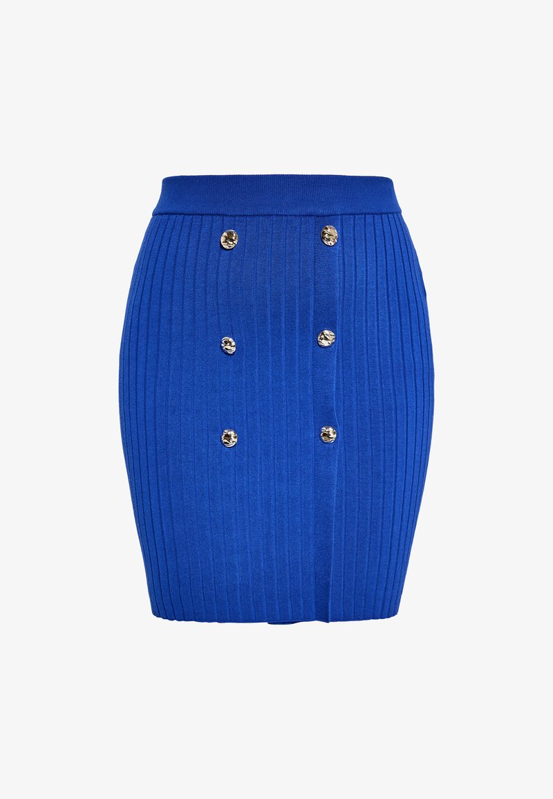 Fustă tricotată albastră cu o croială ajustată, având un brâu înalt și nasturi decorativi din argint în față.