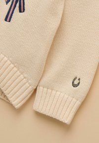 Krémové pletené rukávy svetra s rebrovanými manžetami, na jednej manžete malá vyšívaná podkova a na druhej časť ružovo-modrého vzoru.