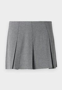 Gray pleated mini skirt made from textured fabric, featuring a grid pattern and a straight cut with side split details.