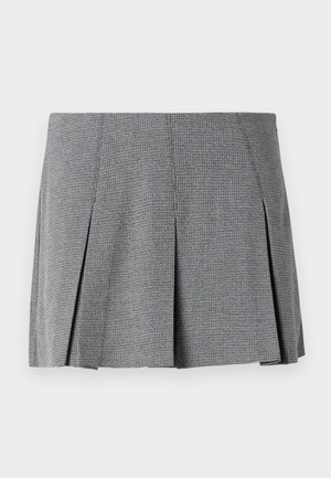 Grijze geplooide mini-jurk gemaakt van textuurstof, met een ruitpatroon en een rechte snit met splitdetails aan de zijkant.