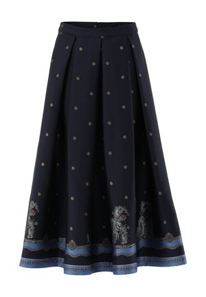 Navy-Rock mit goldfarbenen Punkten, Falten und einem dekorativen Saum mit Hundillustrationen sowie einem blauen Akzentband am Saum.