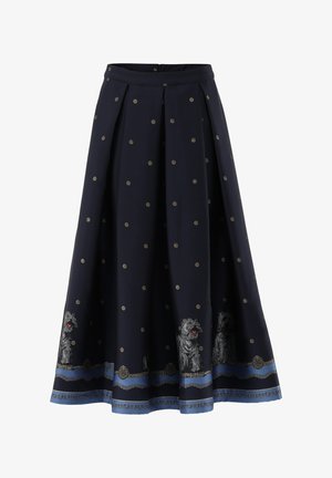 Navy-Rock mit goldfarbenen Punkten, Falten und einem dekorativen Saum mit Hundillustrationen sowie einem blauen Akzentband am Saum.