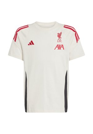 Weißes Baumwoll-T-Shirt mit roten Akzenten. Mit dem Liverpool FC-Logo, AXA-Branding und drei roten Streifen an den Schultern. Seitenpaneele in Grau.