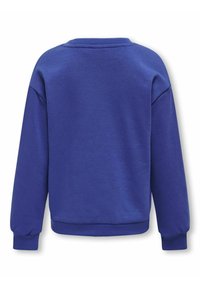 Blauwe sweatshirt met geribbelde kraag en manchetten. Gemaakt van een zachte, textuurrijke stof en heeft een ontspannen pasvorm. Geen zichtbare logo's of patronen.
