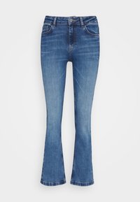 Blå denim flared jeans med høy midje, fem-lommers design og kontraststing. Stoffet ser mykt ut med en subtil falmet finish.