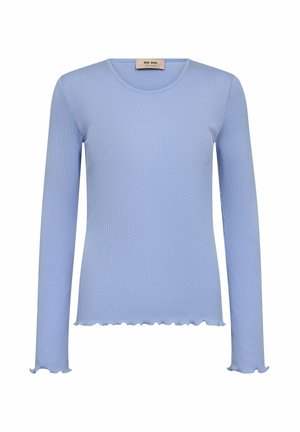 Langärmliges, hellblaues Rippoberteil mit rundem Halsausschnitt und gewelltem Saum sowie Bündchen. Hergestellt aus einem weichen, dehnbaren Stoff.