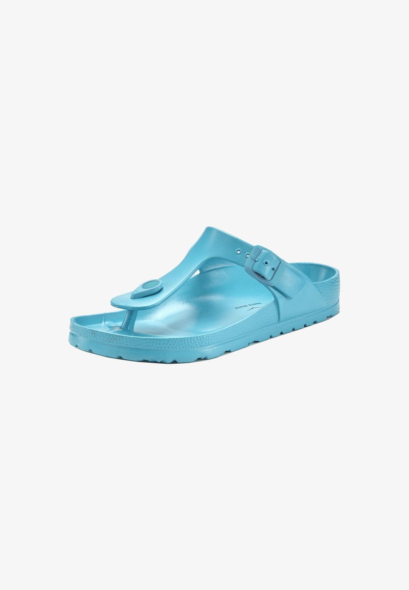 Light blue flip-flop sandal made of smooth plastic, featuring a toe post, adjustable buckle strap, and textured sole for grip.
