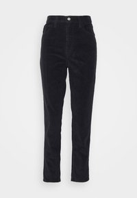 Pantalon en velours côtelé noir à taille haute, avec deux poches avant et une fermeture à un seul bouton. Texture lisse avec un motif côtelé discret.