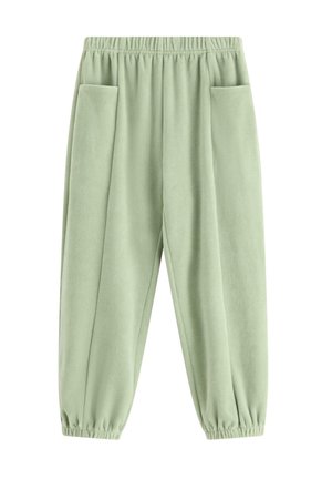 Pantaloni felpati verdi chiari, con cintura elastica, due tasche laterali e polsini affusolati per una vestibilità rilassata.
