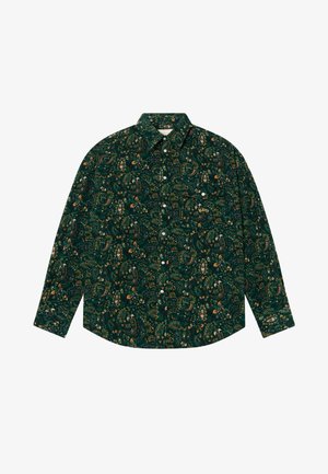 Langärmliges Hemd aus dunkelgrünem Stoff mit einem Paisleymuster in Gelb, Weiß und Orange. Verfügt über einen Kragen und eine Knopfleiste.