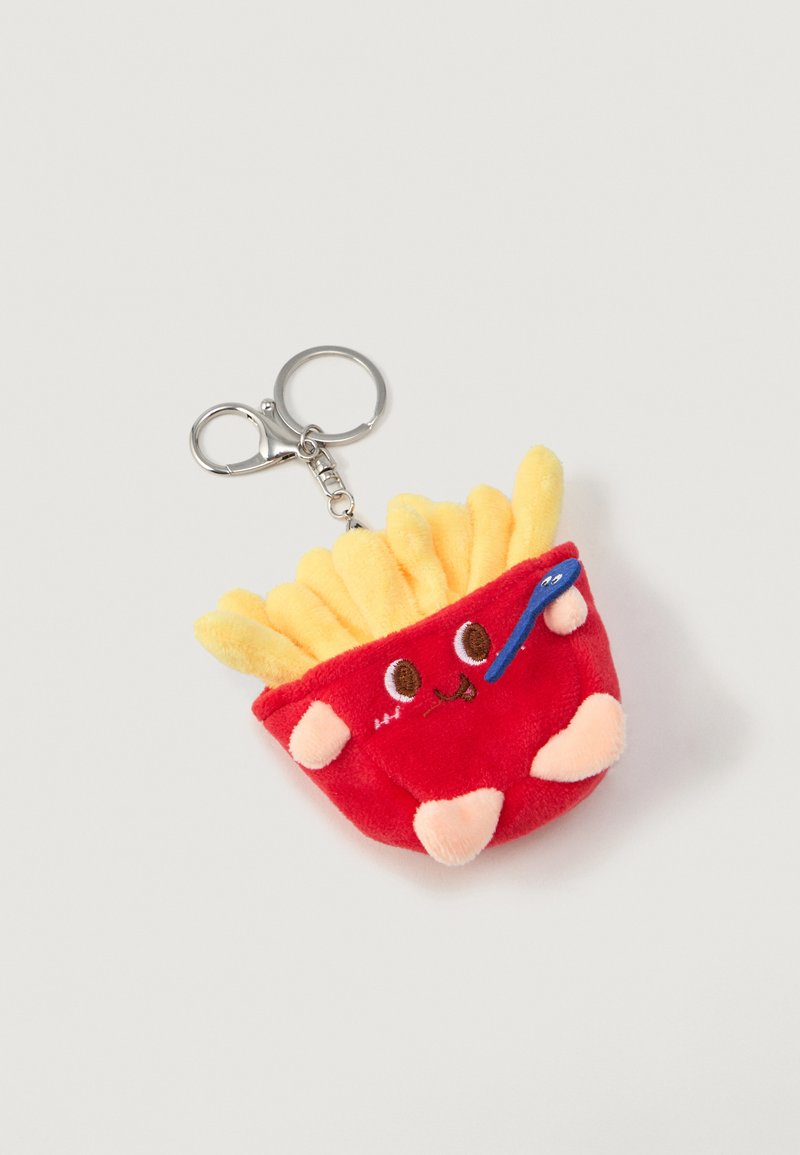 Plush keychain shaped like a red fries container with smiling face, holding a blue spoon, and yellow plush fries inside.