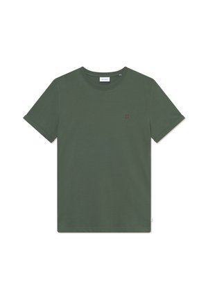 Olive green cotton t-shirt with short sleeves, round neckline, and a small red logo detail at the chest. Smooth texture.