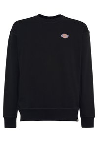 Sudadera negra de algodón, con cuello redondo, mangas largas y un pequeño logo en contraste de color en el pecho. Textura suave.