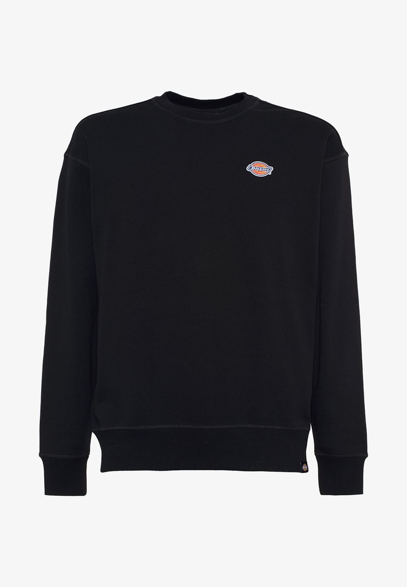 Black sweatshirt made of cotton, featuring a round neck, long sleeves, and a small color-contrast logo on the chest. Soft texture.
