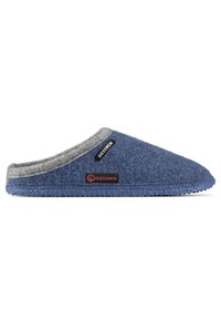 Vilt slippers in blauw met een grijze wollen voering, afgeronde neusontwerp, gestructureerde rubberen zool en dubbele logo-tags aan de zijkant.
