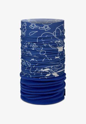 Gaiter de cuello multifuncional, poliéster azul con estampado de dibujos animados en blanco, diseño sin costuras, tela elástica, textura suave y ajuste ajustable.