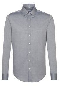 Camicia grigia a maniche lunghe realizzata in tessuto tessuto, con colletto classico, chiusura con bottoni e orlo arrotondato con accenti a contrasto sui polsini.