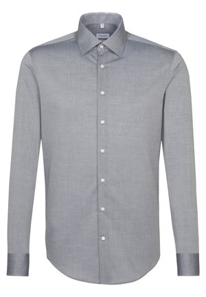 Grå langærmet skjorte lavet af vævet stof, udstyret med klassisk krave, knaplukning foran og rundet kant med kontrastfarvede manchetter.