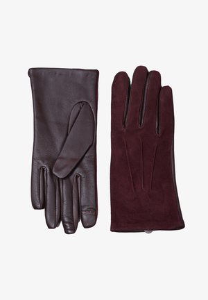Brown leather and maroon suede gloves, featuring a sleek design, five fingers, and a smooth texture with stitched details on the back.