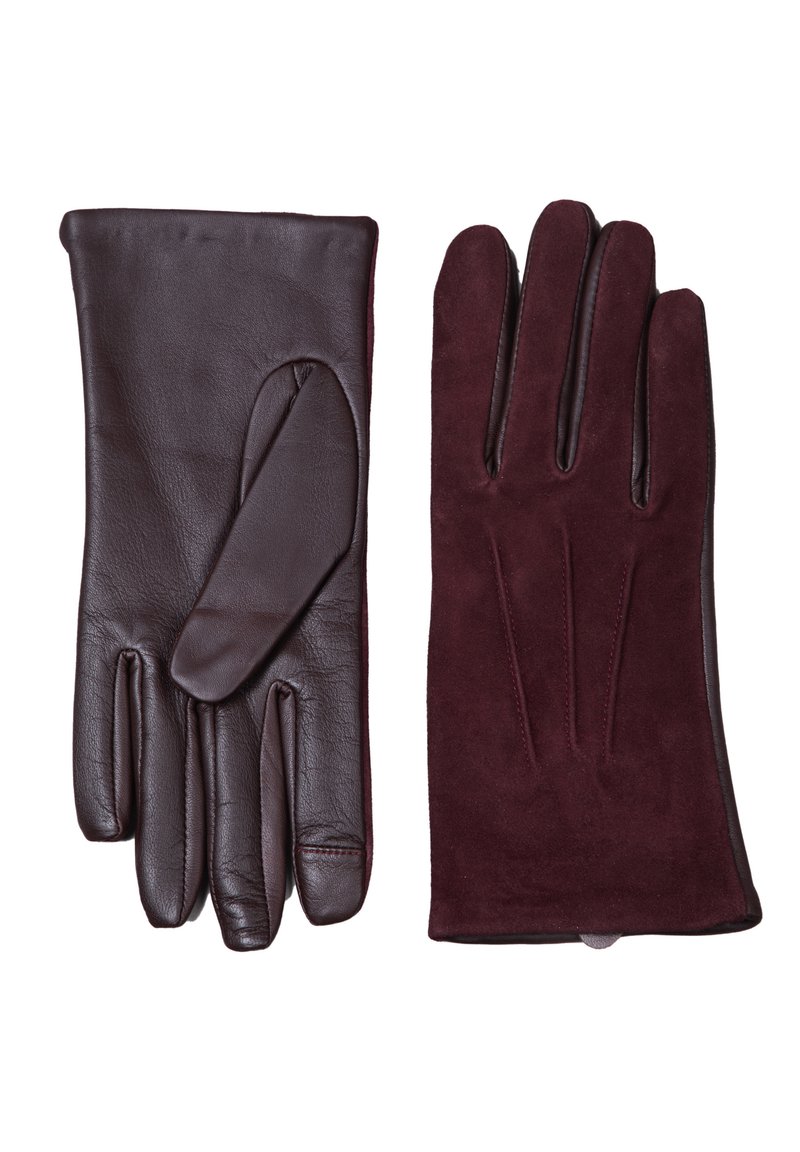 Brown leather and maroon suede gloves, featuring a sleek design, five fingers, and a smooth texture with stitched details on the back.