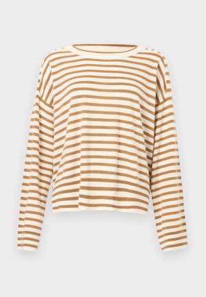 Beige en witte horizontale gestreepte trui met lange mouwen, een ronde halslijn en een losse pasvorm.