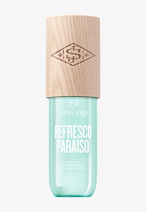 Perfumowana mgiełka Sol de Janeiro Refresco Paraíso w przezroczystej turkusowej butelce z drewnianą nakrętką z wygrawerowanym logo.