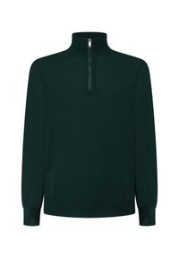 Dunkelgrüner Pullover mit hohem Kragen, halbem Reißverschluss, langen Ärmeln sowie gerippten Bündchen und Saum. Hergestellt aus weichem, strukturiertem Material.