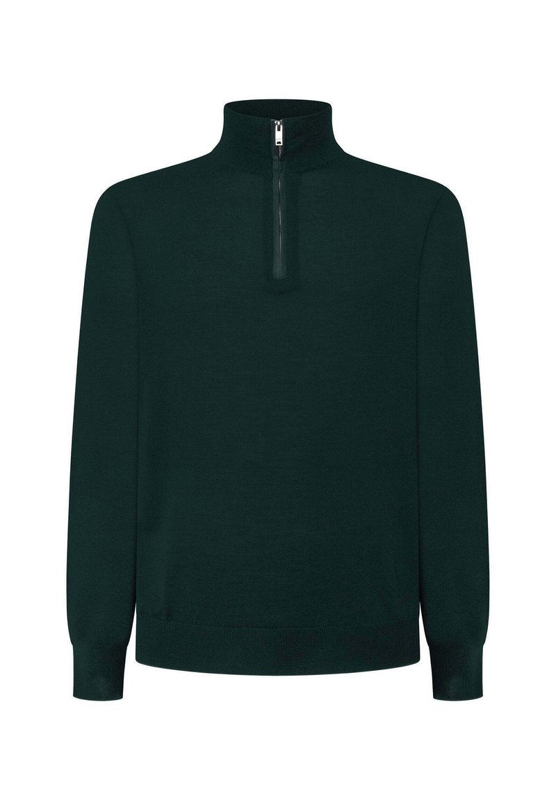 Dunkelgrüner Pullover mit hohem Kragen, halbem Reißverschluss, langen Ärmeln sowie gerippten Bündchen und Saum. Hergestellt aus weichem, strukturiertem Material.
