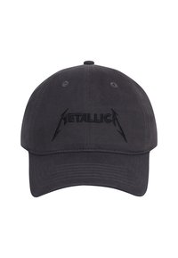 Black cotton cap featuring embroidered "METALLICA" logo in matching color, structured design, and adjustable back strap.