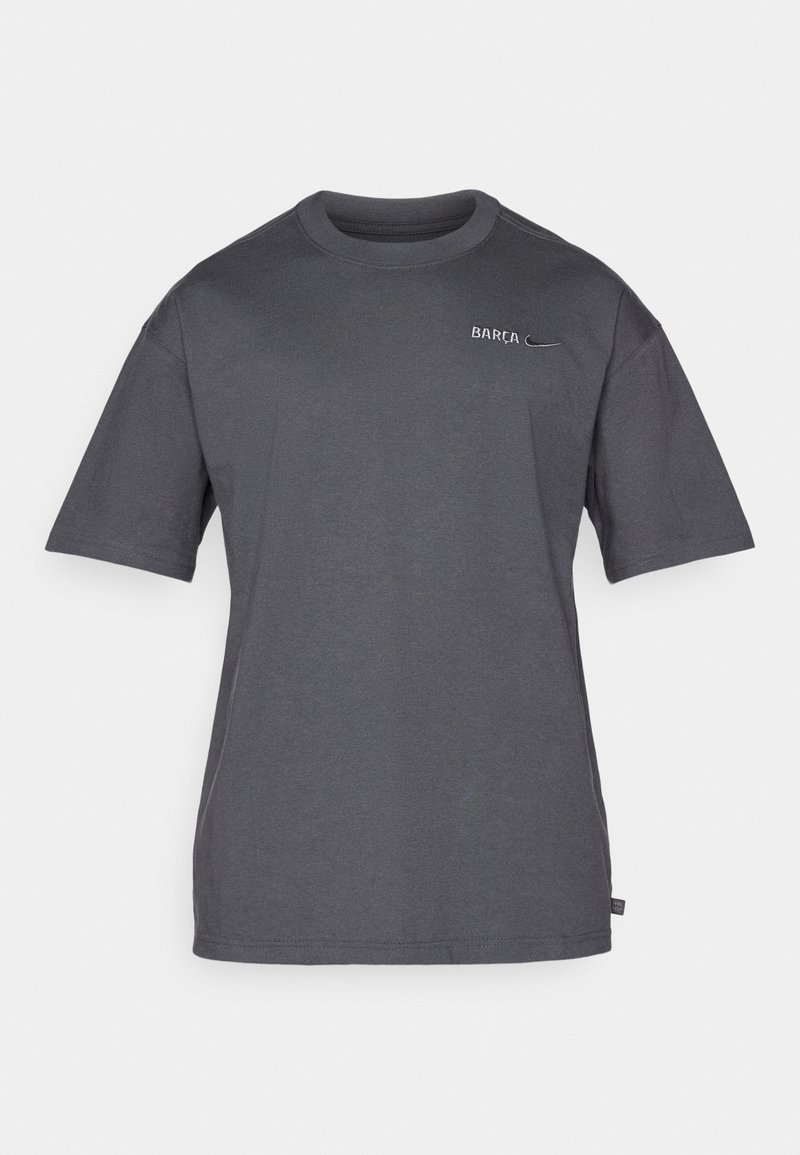 Dark gray short-sleeve crew neck T-shirt with small "BARÇA" text and Nike swoosh logo on the upper left chest.