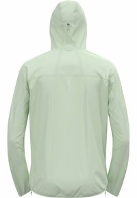 Light green, lightweight jacket with a hood, soft texture, full sleeves, adjustable hem, and reflective logo detail on the back.