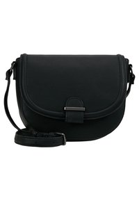 Borsa a tracolla in pelle nera con texture, dotata di un flap arrotondato, un piccolo gancio frontale e una tracolla regolabile.