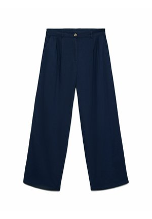 Tengerészkék, széles szárú nadrág redőkkel, övbújtatókkal, oldalzsebekkel, gombos zártárral és cipzáras sliccel, fehér háttér előtt.