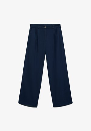 Navy blue wide-leg trousers with pleats, belt loops, side pockets, button closure, and zip fly against a white background.