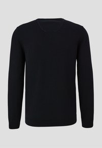 Zwarte gebreide sweater met een ronde halslijn, lange mouwen en ribbelmanchetten, met een gladde textuur en minimale ontwerpelementen.
