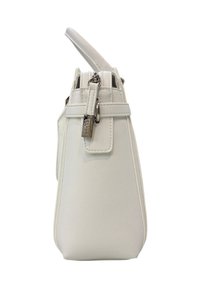 Borsa bianca con un design strutturato, realizzata in materiale sintetico testurizzato, dotata di manico superiore e con un accento in metallo argentato con cerniera.