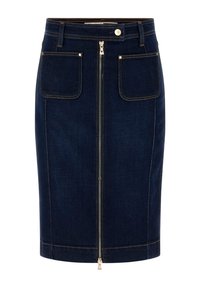 Dunkelblaue Jeans-Bleistiftrock mit vorderem Reißverschluss, zwei aufgesetzten Taschen und goldenen Nähdetails entlang der Nähte.