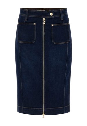 Gonna a matita in denim scuro con chiusura frontale zip, due tasche applicate e dettagli di cuciture dorate lungo le cuciture.