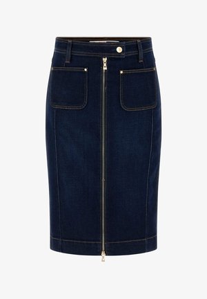 Ciemnogranatowa ołówkowa spódnica z denimu z zamkiem błyskawicznym z przodu, dwoma naszywanymi kieszeniami i złotym przeszyciem wzdłuż szwów.