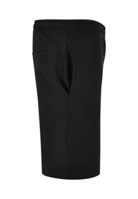 Black casual knee-length shorts with an elastic waistband and side and back pockets shown from a side angle.