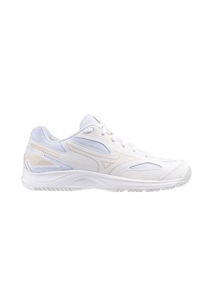 Scarpa da ginnastica bianca con upper in rete e sintetico, caratterizzata da un design testurizzato e una suola ammortizzata, adatta per sport e attività fisica.
