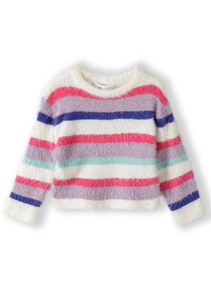 Randig tröja i mjukt, fluffigt material; har breda ränder i rosa, lila, ljusblått och krämfärgat; rund halsringning och långa ärmar.