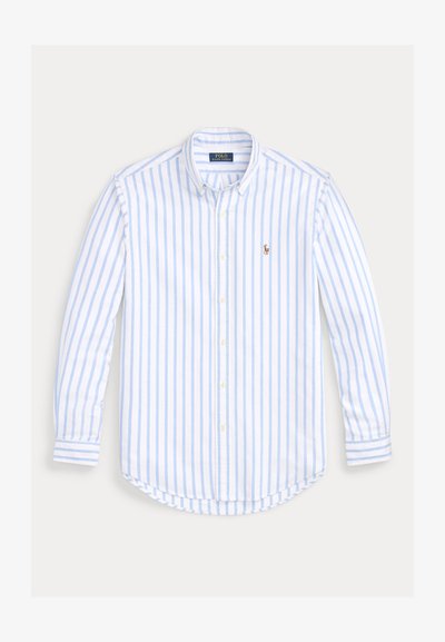 Overhemd met lange mouwen en knopen, met lichtblauwe en witte verticale strepen, en een klein bruin geborduurd logo op de borst.