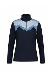 Marineblauer Pullover mit langen Ärmeln und hohem Kragen, ausgestattet mit einer hellblauen Berggrafik auf der oberen Vorderseite und einem halben Reißverschluss. Aus weichem Material.